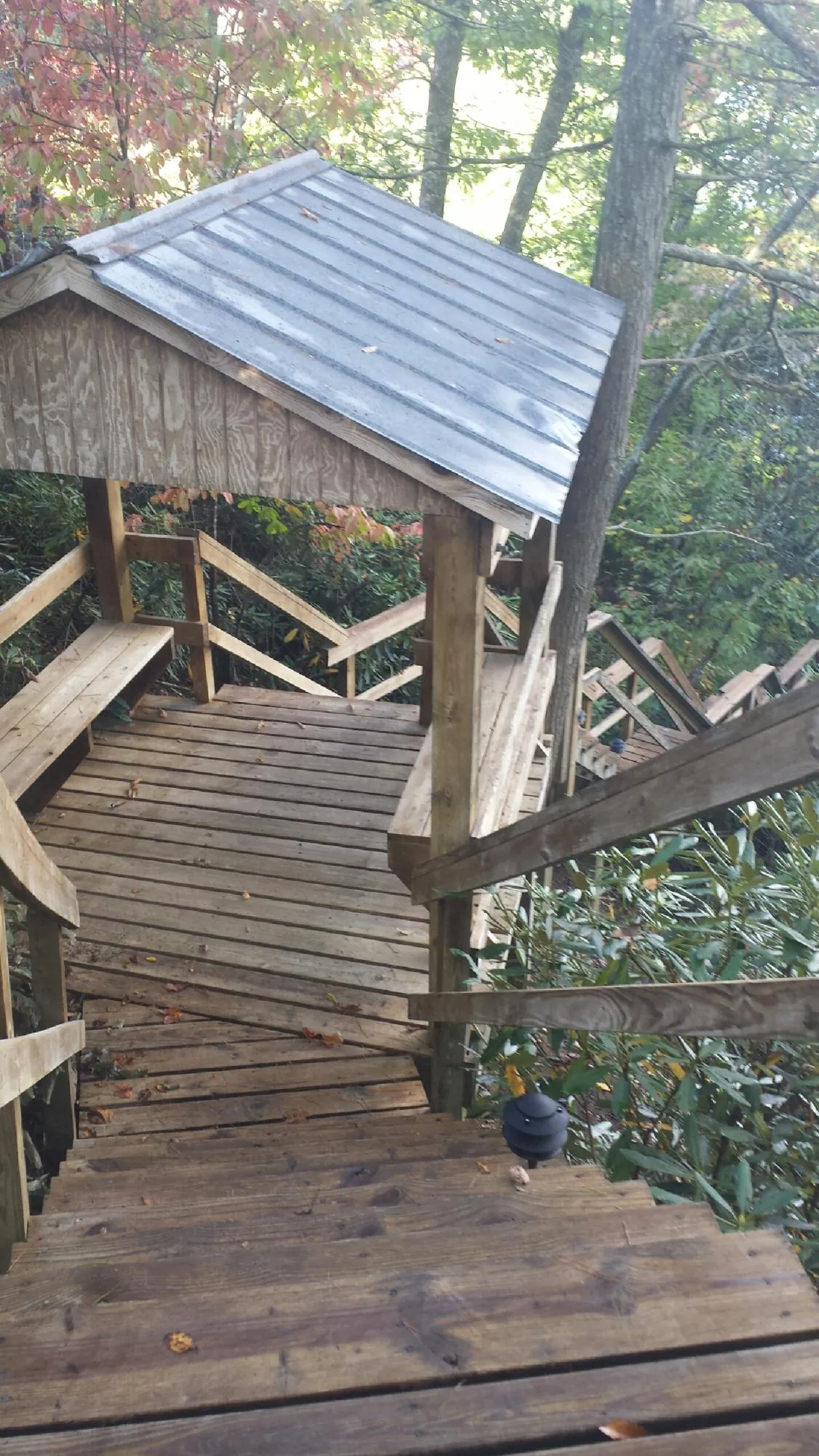 Metal roofed shelter over wooden steps on a wooded walkway — Skylight Repair & Installation work by our crew in Moro